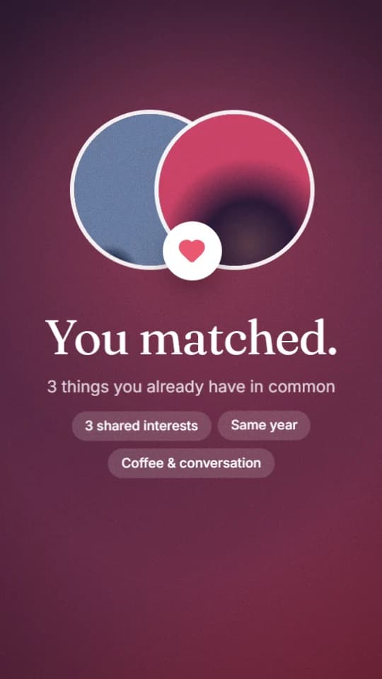 The match screen: two overlapping circles with a heart, 'You matched.', and chips for three shared interests and the same year.